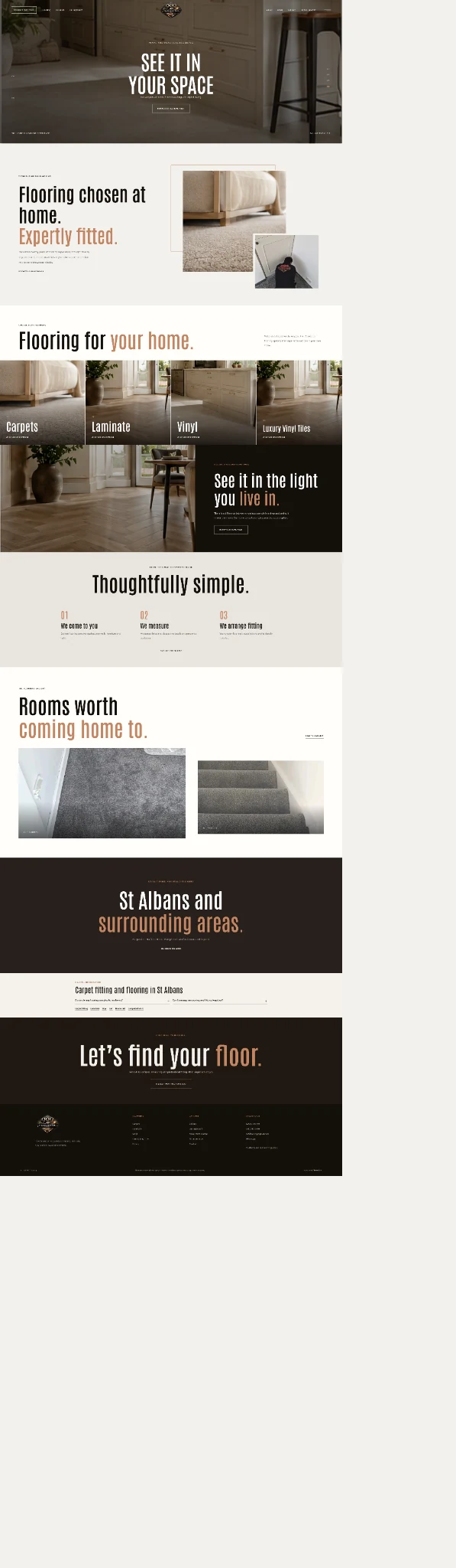 Long-form new 999 Flooring desktop page showing flooring services, home-visit journey, examples and local service sections