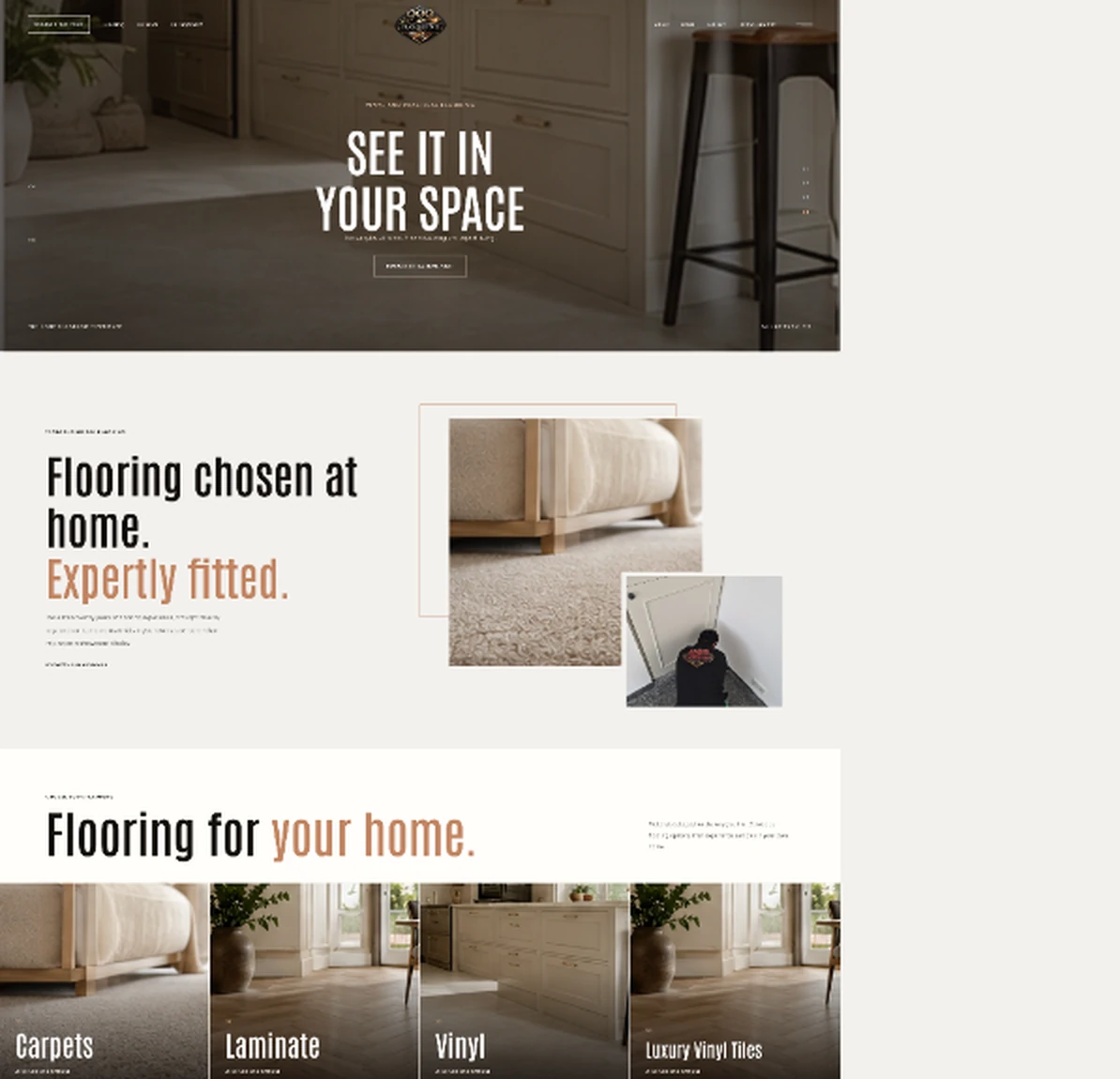Updated 999 Flooring desktop experience, with room photography, prominent home-visit call to action and service-focused sections