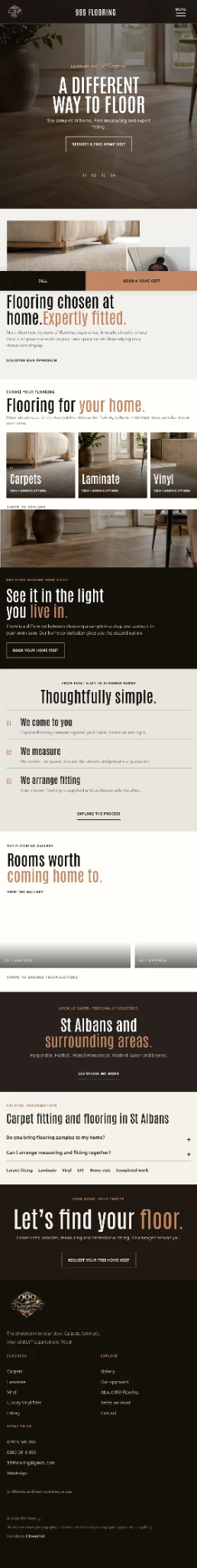 New mobile flooring homepage with room imagery, flooring categories, home-visit CTA, steps and work examples