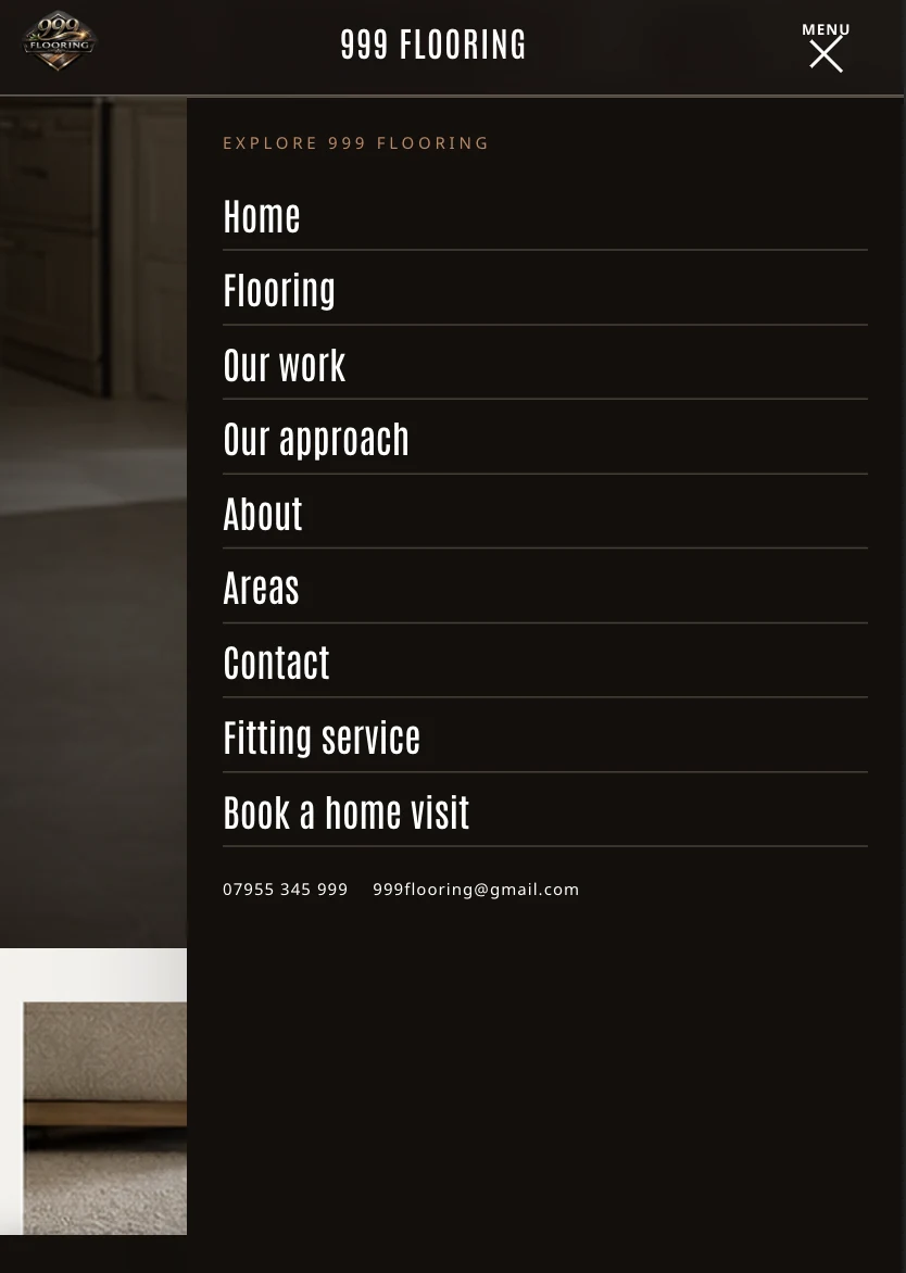 New full-height 999 Flooring mobile menu with distinct links for flooring, work, approach, areas and home visits