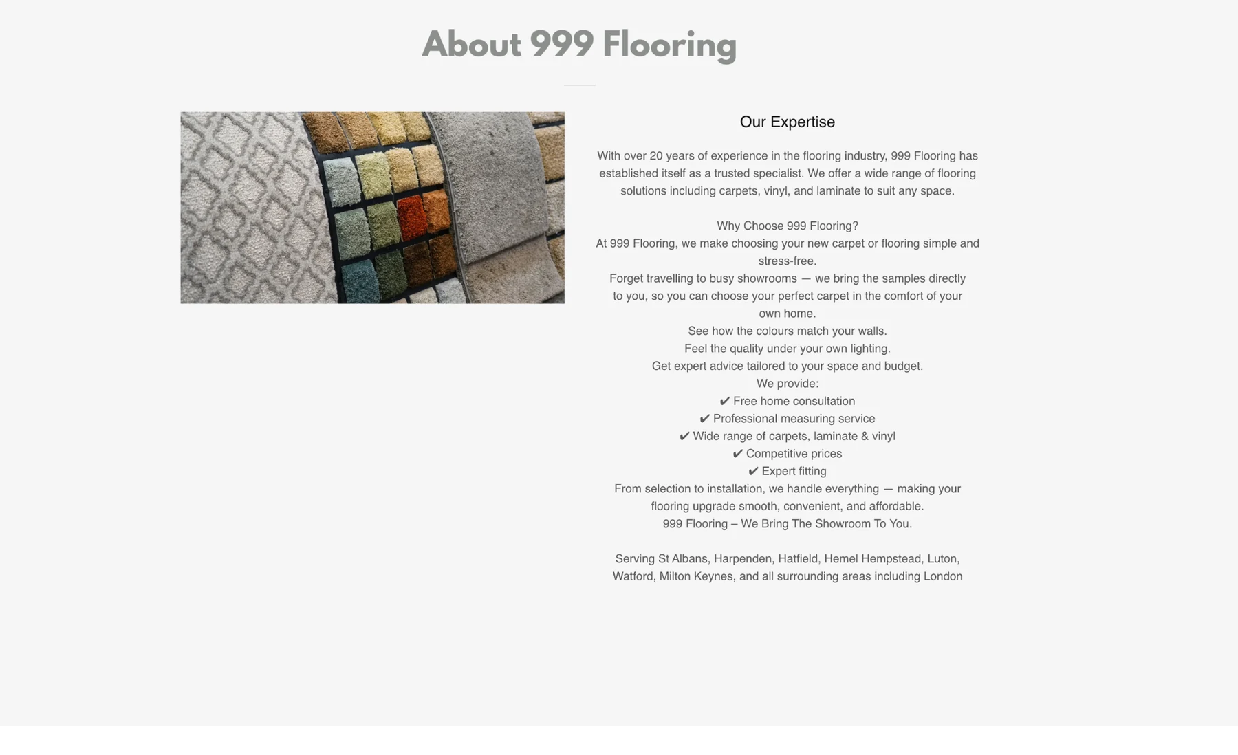 Former 999 Flooring About section with long introductory copy alongside carpet sample photography