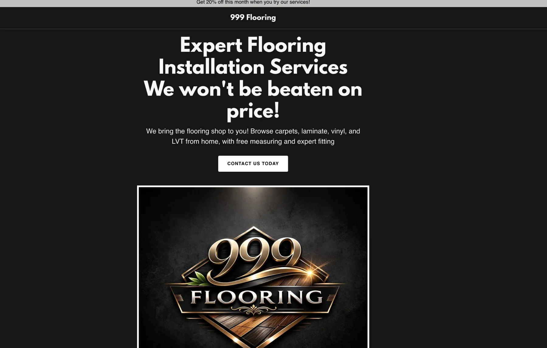 Previous 999 Flooring desktop website, with dark introductory screen, oversized logo and single-page sections