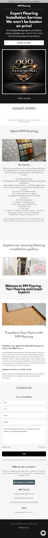 Earlier 999 Flooring mobile webpage with a large logo, long About section and contact form on the same page