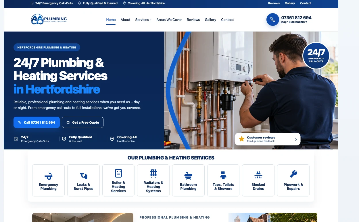 Aflow desktop plumbing website with blue split hero, engineer working on a boiler, phone and free quote buttons, and service categories