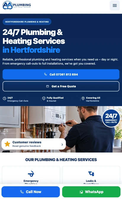 Aflow mobile plumbing website with concise 24/7 service headline, call and quote buttons, plumber photo and fixed call and WhatsApp actions