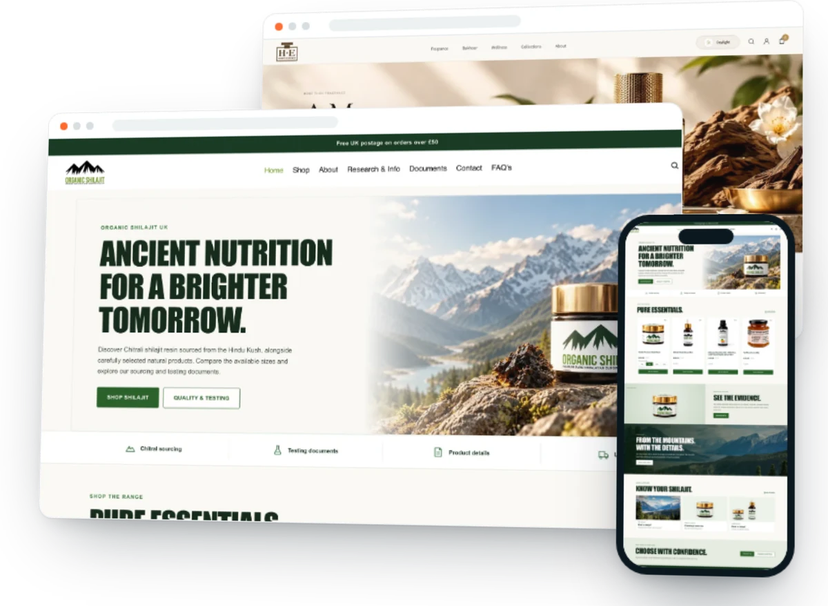 Ecommerce work by FifteenFold: Organic Shilajit UK Shopify store on desktop and mobile, with Hayati Essence behind
