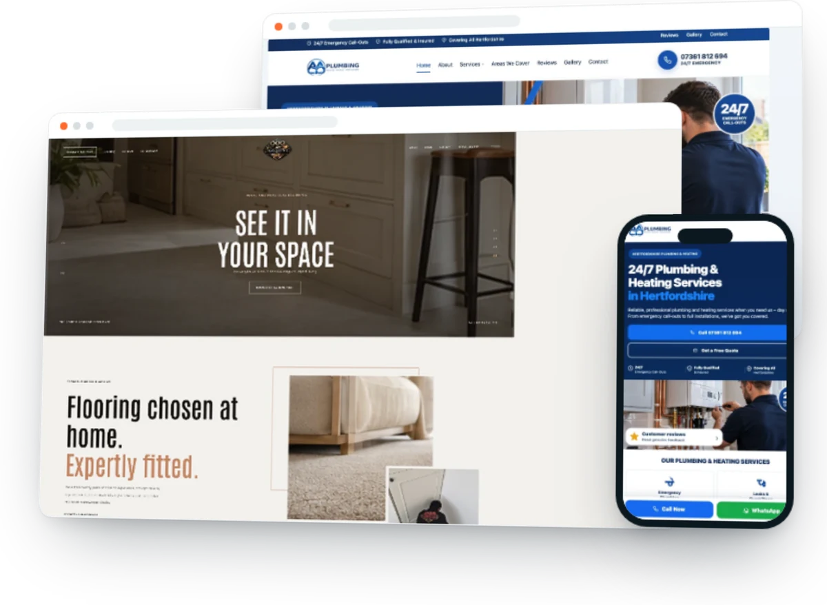 Hertfordshire client websites by FifteenFold on desktop and mobile: 999 Flooring and Aflow Plumbing