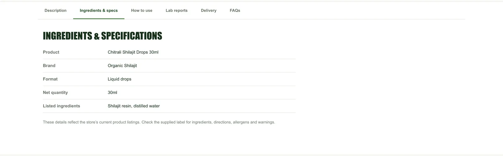 Product page tabs with ingredients and specification table
