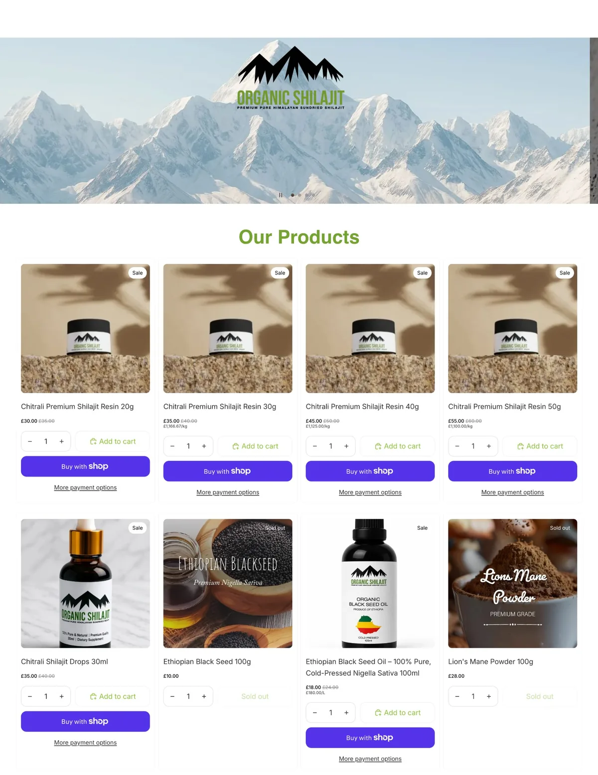 Organic Shilajit UK homepage before: a logo banner and a crowded product grid